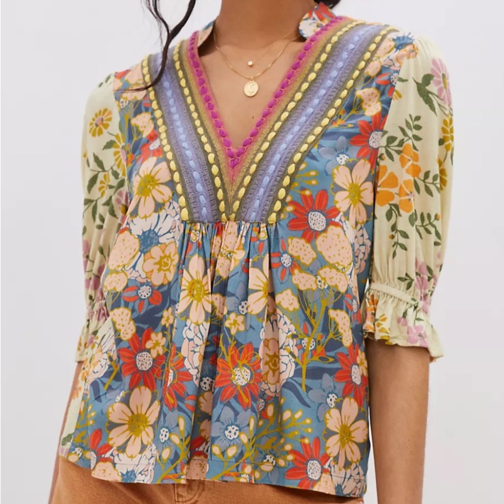 ANTHROPOLOGIE BL^NK LONDON STEPHANIE Floral V-Neck Peasant Top in Multi COLOR S - Picture 3 of 8